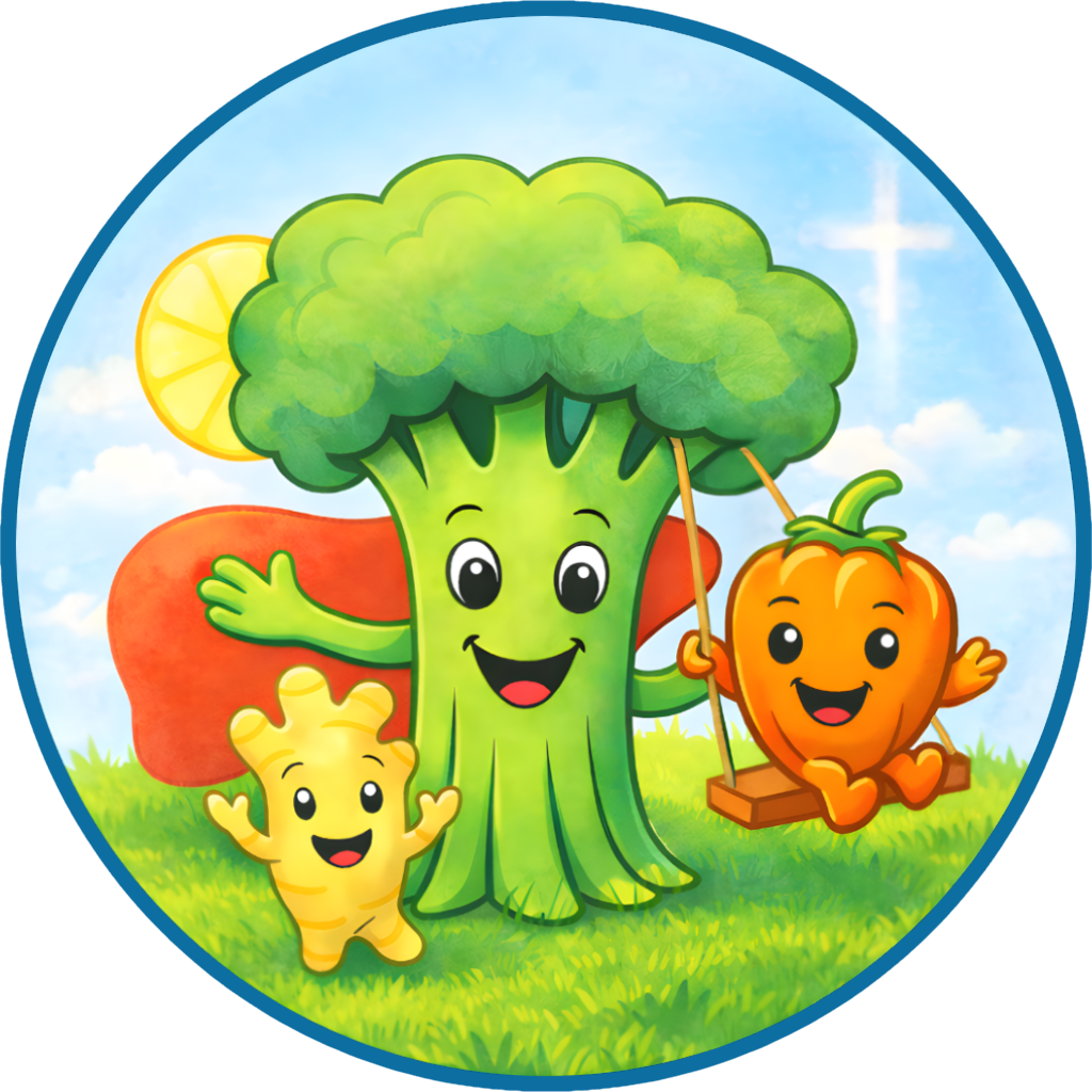 Embrobi logo with cheerful broccoli, ginger, habanero and liver characters on grass under a blue sky with a white cross
